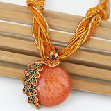 Boho Multi‑Strand Thread Cord Necklace, Vintage Carved Round Stone Ball Pendant Necklace, Ethnic Handmade Statement Necklace for Women 47.5cm