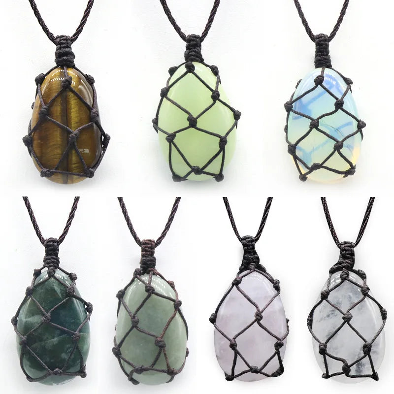 Natural Crystal Woven Net Necklace  Adjustable Braided Cord Stone Holder Pendant, Handmade Netted Cage for Tumbled Gemstone Reiki Healing Jewelry