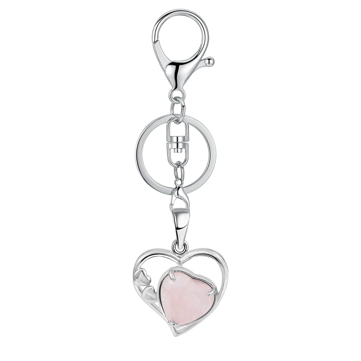 Natural Crystal Hollow Heart Keychain, Healing Stone Pendant with Silver Key Ring