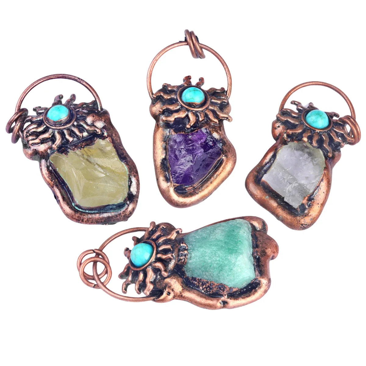 38-50mm Vintage Copper Sun Pendant with Natural Raw Crystal & Turquoise Accent