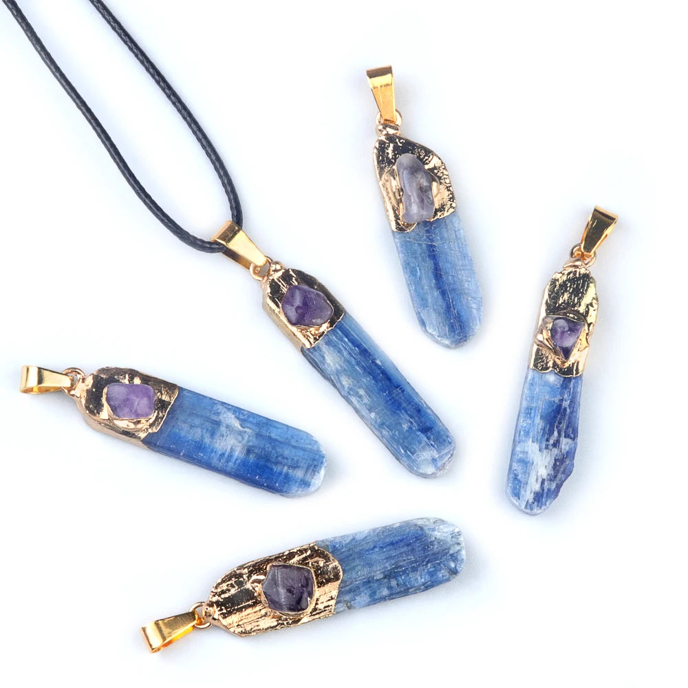 Blue Kyanite Pillar Pendant Necklace with Amethyst Accent | Gold Electroplated Crystal Necklace with Adjustable Black Cord