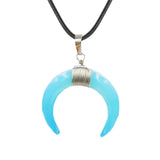 Natural Crystal Double Horn Crescent Moon Pendant, Wire Wrapped Cattle Horn Shape Stone Pendant 33x30mm, Healing Reiki Gemstone Necklace Pendant with Leather Cord for Jewelry Making Boho Gift