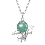 Angel Holding Natural Crystal Ball Pendant Necklace, Silver‑Plated Metal Angel Figurine Spherical Gemstone Charm Reiki Healing Spiritual Jewelry for Women Gift