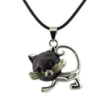 Natural Crystal Cat Pendant Necklace, Silver Alloy Frame Gemstone Charm, Healing Jewelry for Cat Lovers
