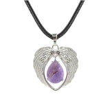 Vintage Silver Angel Wings Heart Necklace - Natural Stone Wax Cord Teardrop Pendant for Men & Women, Spiritual Gift