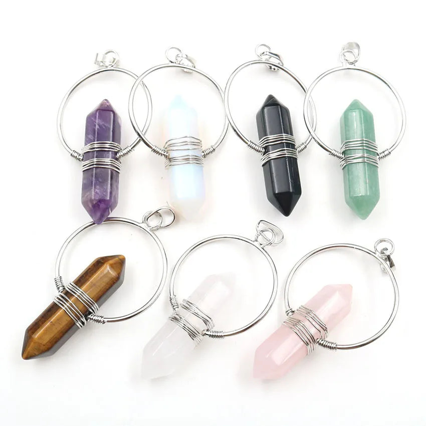 Retro natural crystal hexagonal column Pendant Necklace tiger eye stone winding DIY Necklace Gemstone Pendant Necklace Healing