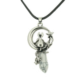 Gothic Star Moon Cat Crystal Necklace, Natural Gemstone Hexagonal Point Pendant, Vintage Silver Crescent Moon Choker with Black Cord for Women