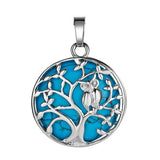 Natural Crystal Tree of Life Owl Pendant Necklace – 30mm Round Gemstone Amulet Jewelry Gift for Women