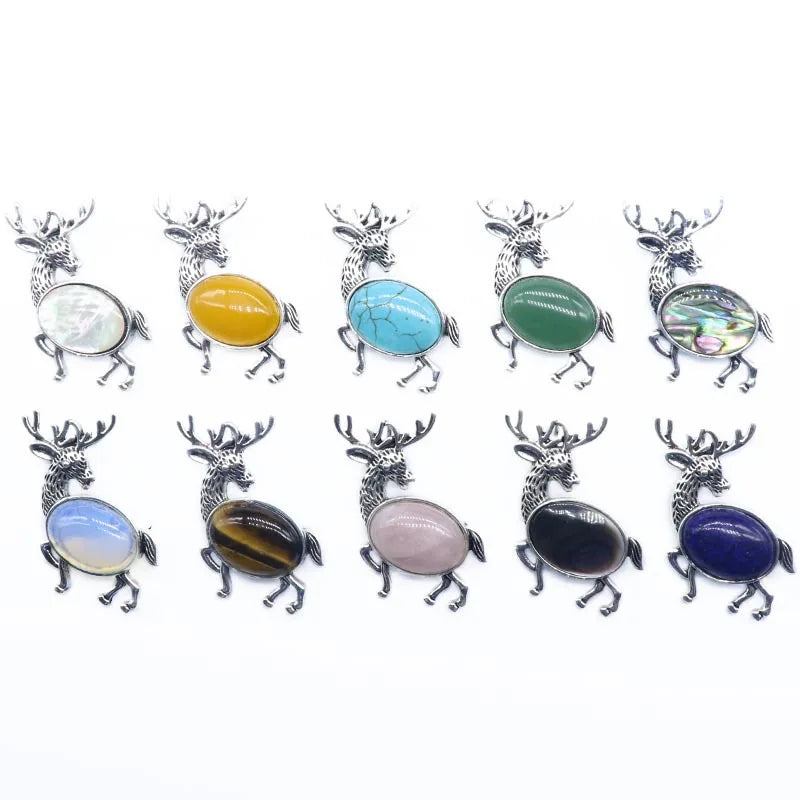 Vintage Deer Stag Natural Crystal Pendant, Antique Silver Alloy Animal Elk Inlaid Oval Cabochon Gemstone Pendant, Chakra Reiki Healing DIY Necklace Jewelry Making Charm