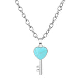 Heart Key Natural Crystal Pendant Necklace Silver Alloy Love Lock Gemstone Chakra Healing Necklace for Women Gift