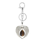 Silver Angel Wings Heart Keyring - Natural Stone Teardrop Crystal Keychain for Purse, Backpack, Handbag, Car Keys