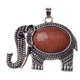 Retro Hollow Pattern Elephant Natural Stone Pendant, Vintage Alloy Lucky Elephant Charm, Healing Crystal Reiki Meditation Amulet for Handmade Necklace