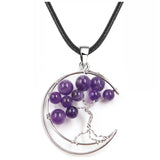 Crescent Moon Tree of Life Pendant Necklace, Natural Crystal Gemstone Chakra Healing Stone Necklace, Handmade Wire Wrapped Crystal Life Tree Jewelry Gift for Women