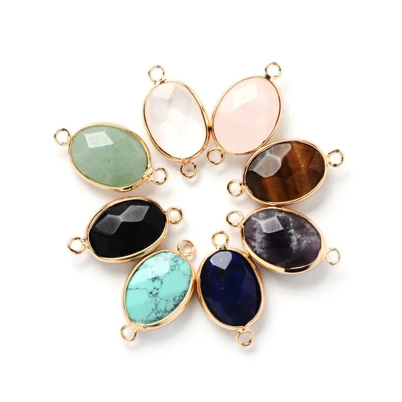 Oval Faceted Natural Gemstone Connector Charms Gold Plated Double Loop Pendant for Bracelet Necklace Jewelry Making DIY Craft