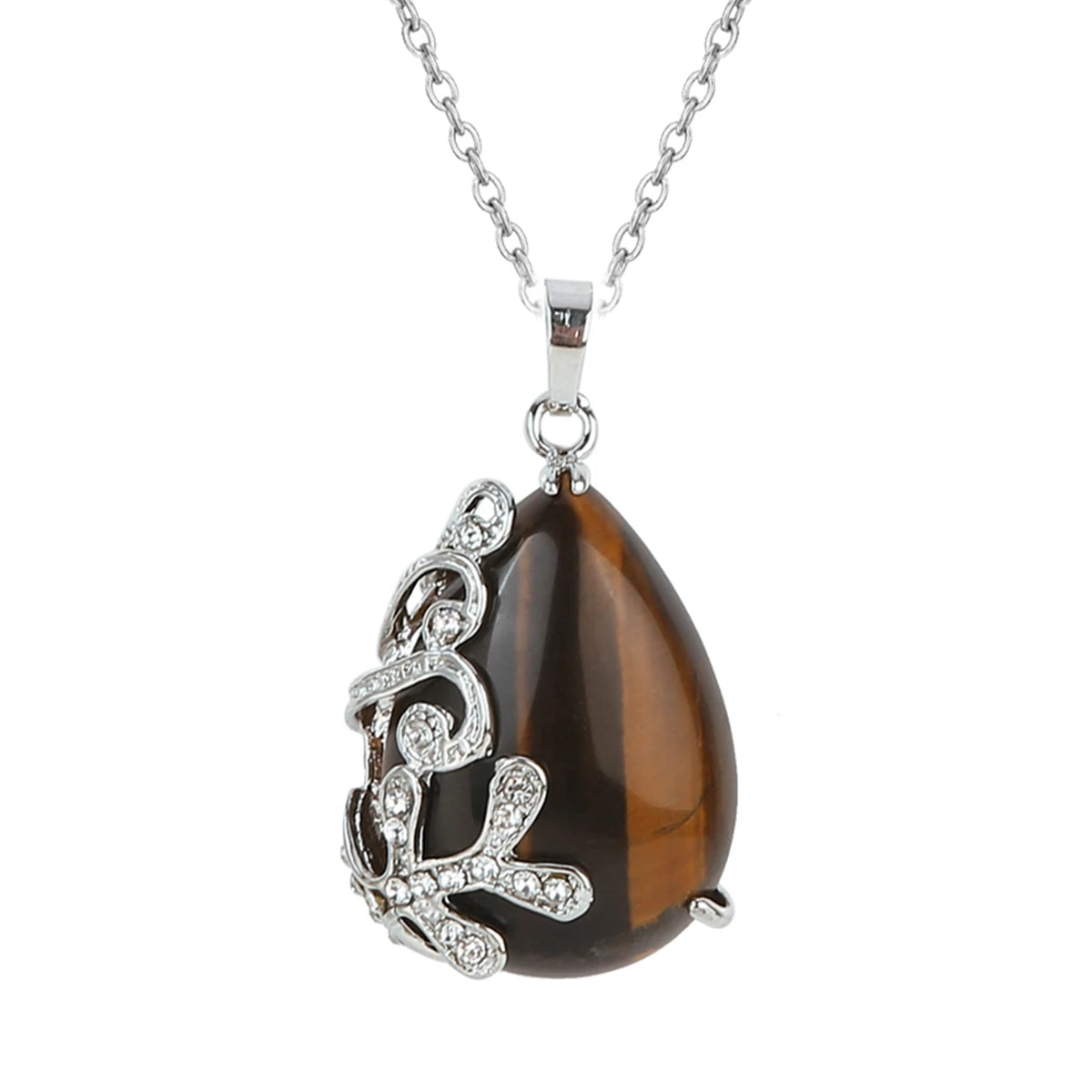 Natural Teardrop Crystal Pendant Necklace Silver Rhinestone Leaf Branch Gemstone Necklace for Women Healing Stone Jewelry Gift