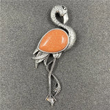 Vintage Silver Flamingo Brooch Pendant Inlaid Natural Gemstone, Multi Crystal Bird Animal Pin Convertible Necklace for Women Boho Fashion Jewelry