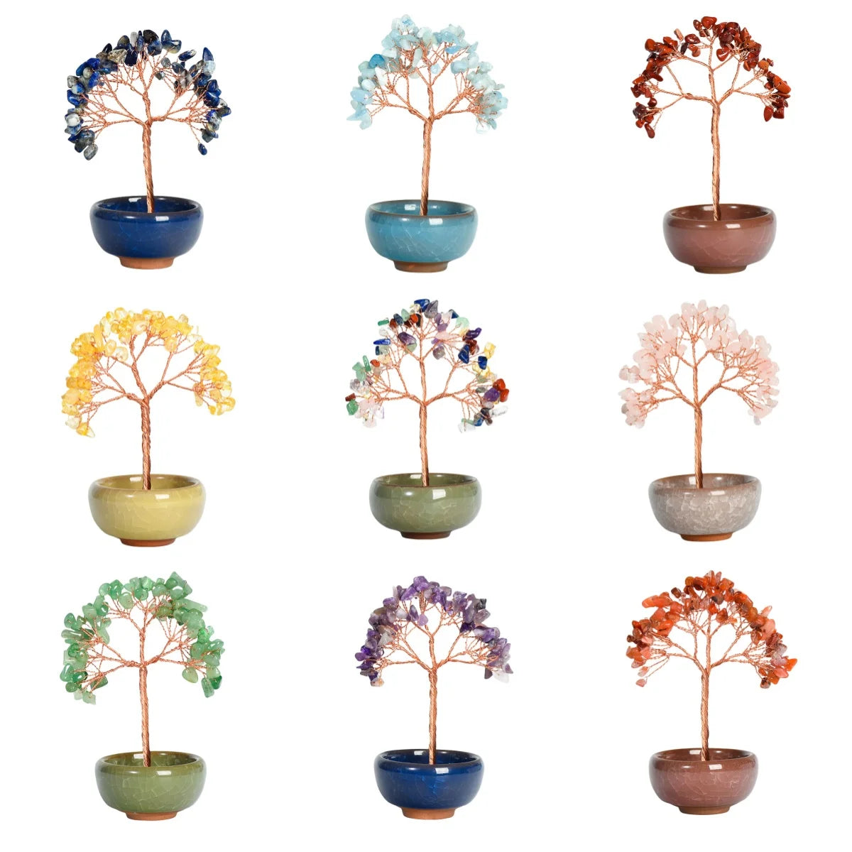 Handmade Fan-Shaped Crystal Tree | Natural Gemstone Copper Wire Ornament in Ceramic Bowl for Home & Office Decor