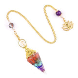 7 Chakra Orgone Pendulum with Lotus Top Gold-Plated Resin Crystal Pendulum with Chain for Divination Healing Witchcraft
