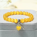8MM Mystical Cat's Eye Stone Beaded Bracelets with Silver Leaf Accent Healing Elegant Inspired Jewelry