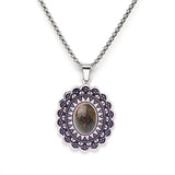 Vintage Stainless Steel Mandala Disc Pendant Necklace - Natural Picture Jasper Stone - Western Retro Flower Pendant for Men & Women