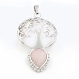 Silver Plated Life Of Tree Pendant with Teardrop Natural Crystal Stone Hollow Filigree Chakra Healing Gemstone Charm for Necklace Making
