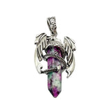Mythical Flying Dragon Wrapped Quartz Point Pendant, Genuine Healing Stone Chakra Wand Charm, Wiccan Punk Spiritual Protection Jewelry Findings