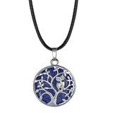 Owl Family Tree of Life Gemstone Necklace – 30mm Round Natural Stone Pendant with 18-Inch Leather Cord