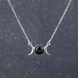 Triple Moon Goddess Natural Crystal Necklace, Silver Plated Triple Crescent Moon Pendant Round Cabochon Gemstone Necklace Reiki Chakra Healing Wicca Spiritual Jewelry for Women