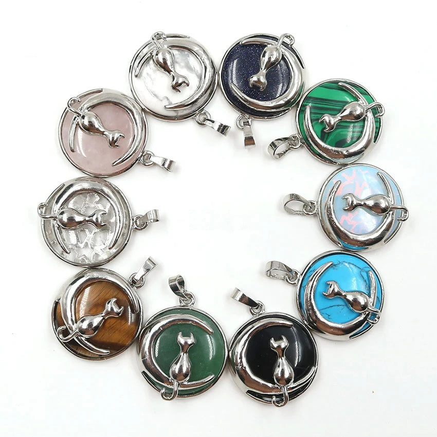 Round Natural Gemstone Pendant Silver Tone Crescent Moon Cat Crystal Charm for DIY Jewelry Making Necklace Craft Supplies