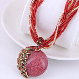 Boho Multi‑Strand Thread Cord Necklace, Vintage Carved Round Stone Ball Pendant Necklace, Ethnic Handmade Statement Necklace for Women 47.5cm