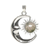 Natural Crystal Sun and Moon Pendant | Celestial Crescent Moon Gemstone Charm | Silver Alloy Sunburst Quartz Cabochon Jewelry Findings for DIY Making