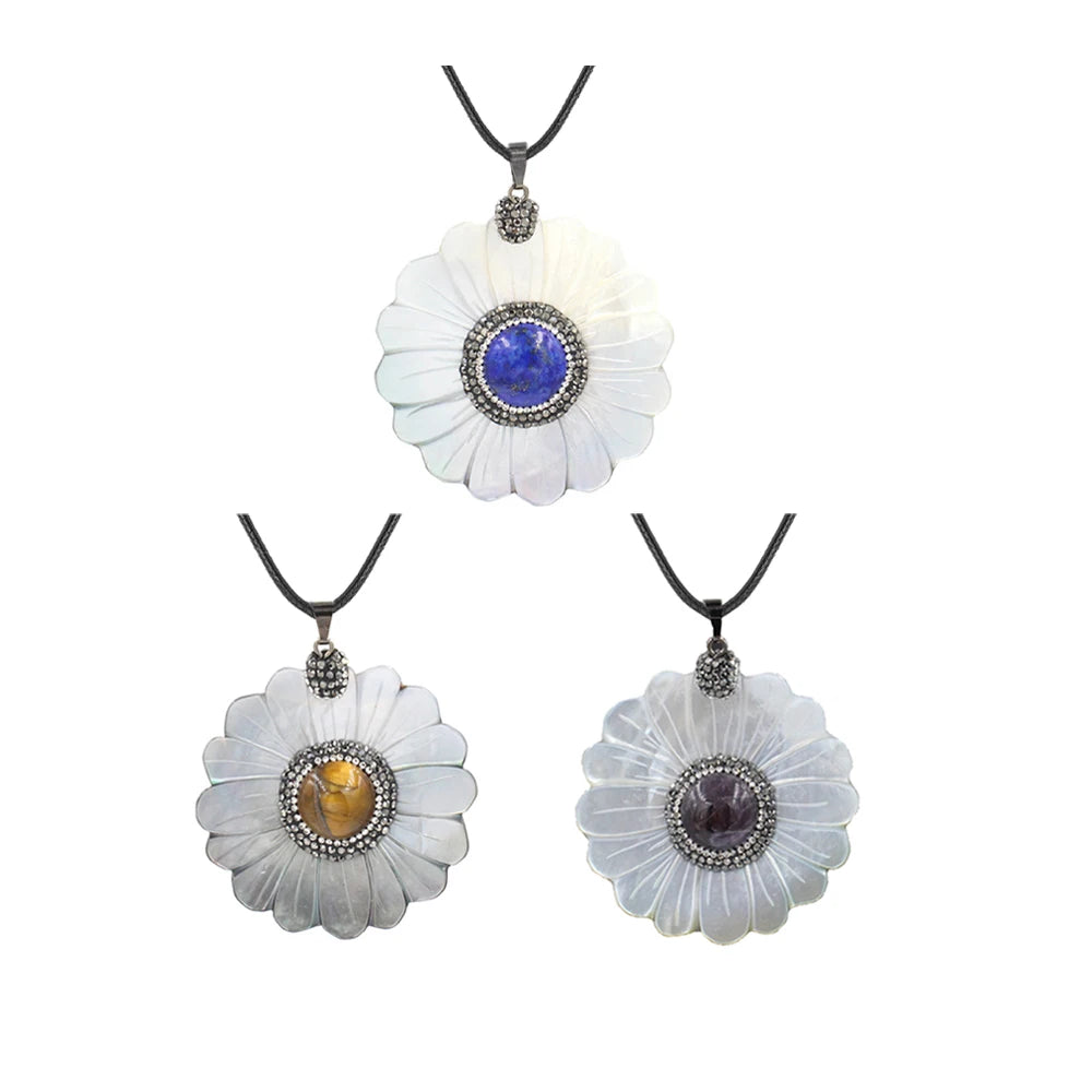 Mother of Pearl Daisy Flower Pendant Necklace, Natural Shell Carved Floral Crystal Center Black Wax Cord Boho Jewelry