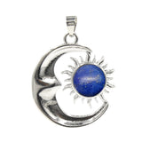 Natural Crystal Sun and Moon Pendant | Celestial Crescent Moon Gemstone Charm | Silver Alloy Sunburst Quartz Cabochon Jewelry Findings for DIY Making
