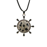Nautical Ship Wheel Cord Necklace • Casual Silver Mariner Helm Pendant with Natural Gemstone Sphere • Unisex Rugged Black Leather Rope Jewelry