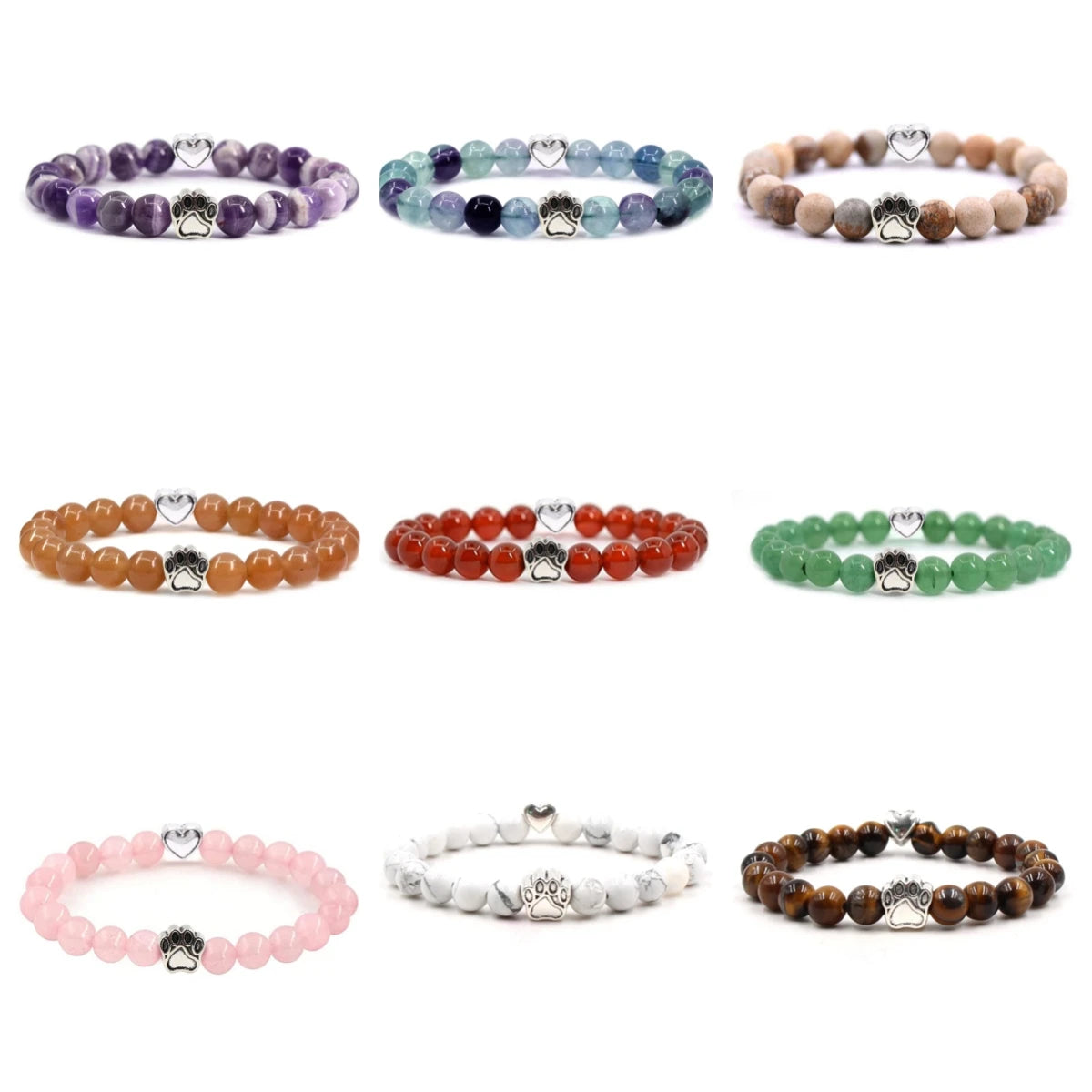 8mm Natural Crystal Stretch Beaded Bracelet with Heart Rhinestone Charm 19cm Elastic Energy Healing Gemstone Bracelet for Women Yoga Jewelry