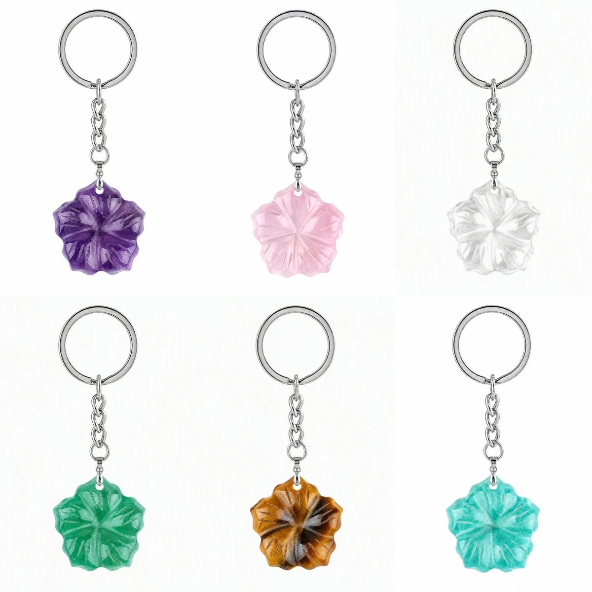 Natural Crystal Flower Keychain, Hand Carved Gemstone Flower Pendant Key Ring, Crystal Stone Bag Charm, Spiritual Crystal Gift for Women