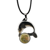 Bohemian Silver Marine Dolphin Cord Necklace • Cute Sea Animal Crystal Sphere Holder Pendant • Unisex Surf Coastal Beach Wear Jewelry Gift