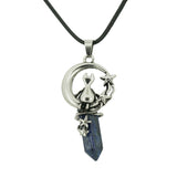 Gothic Star Moon Cat Crystal Necklace, Natural Gemstone Hexagonal Point Pendant, Vintage Silver Crescent Moon Choker with Black Cord for Women