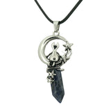 Gothic Star Moon Cat Crystal Necklace, Natural Gemstone Hexagonal Point Pendant, Vintage Silver Crescent Moon Choker with Black Cord for Women