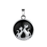 Boho Natural Stone Cat Pendant Necklace, Round Cabochon Gem with Double Cat Metal Overlay, Black Leather Rope Chain Animal Jewelry Gift for Cat Lovers