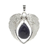 Natural Crystal Angel Wings Pendant | Teardrop Gemstone Heart Amulet Charm | Silver Alloy Feather Wing Quartz Droplet Jewelry Findings for DIY Making