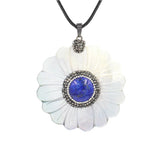 Mother of Pearl Daisy Flower Pendant Necklace, Natural Shell Carved Floral Crystal Center Black Wax Cord Boho Jewelry
