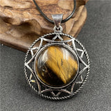 Vintage Six-Pointed Star Openwork Pendant Inlaid Natural Gemstone, Abalone Shell Tiger Eye Rose Quartz Cabochon Antique Silver Spiritual Crystal Necklace for Women