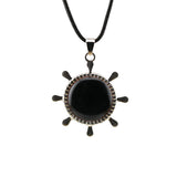 Nautical Ship Wheel Cord Necklace • Casual Silver Mariner Helm Pendant with Natural Gemstone Sphere • Unisex Rugged Black Leather Rope Jewelry