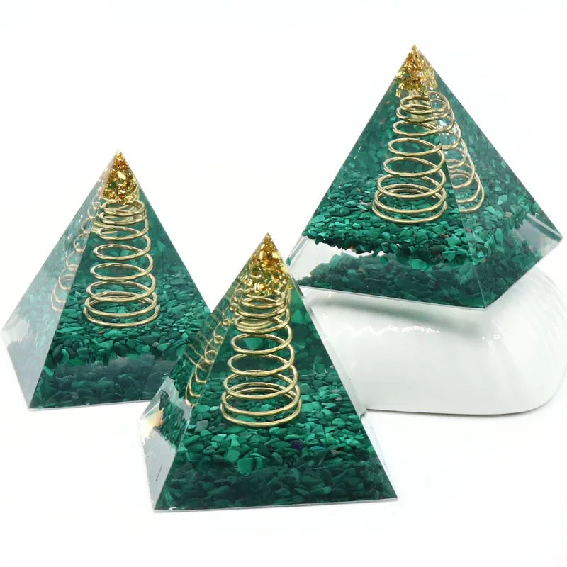 60MM Resin Chip Malachite Gemstone Energy Pyramid  for Home Office Feng Shui Decor
