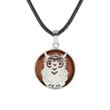 Owl Hollow Pendant Necklace, Silver Plated Natural Crystal Inlay Black Wax Cord Wisdom Symbol Necklace