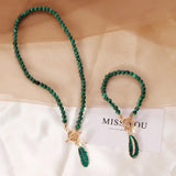 Vintage Green Malachite Bracelet Freshwater Pearl & Leaf Pendant Toggle Bracelet Elegant Bridal Party Stacking Jewelry Gift