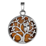 Natural Crystal Tree of Life Owl Pendant Necklace – 30mm Round Gemstone Amulet Jewelry Gift for Women