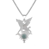 Stainless Steel Flying Wolf Pendant Necklace - Mythical Creature Jewelry with Natural Agate Stone - Gothic Punk Style for Men