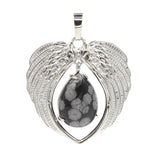 Natural Crystal Angel Wings Pendant | Teardrop Gemstone Heart Amulet Charm | Silver Alloy Feather Wing Quartz Droplet Jewelry Findings for DIY Making
